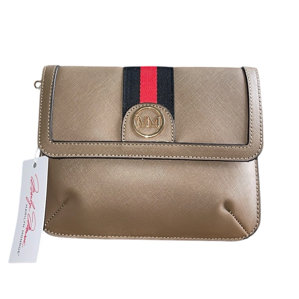 Marilyn Monroe Taupe Saffiano Crossbody Bag Web Stripe NWT